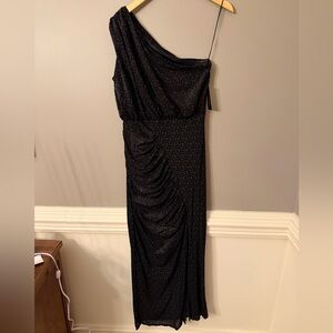 Taylor One Shoulder Black Metallic Ruched Maxi Gown - Size 14 - Formal
